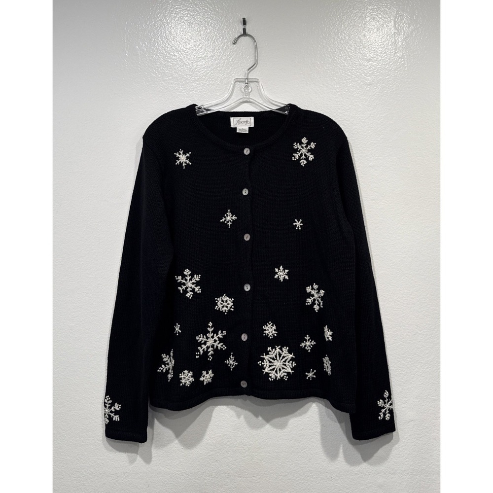 Foxcroft Embroidered Snowflake Cardigan Sweater Holiday Knit Christmas Large